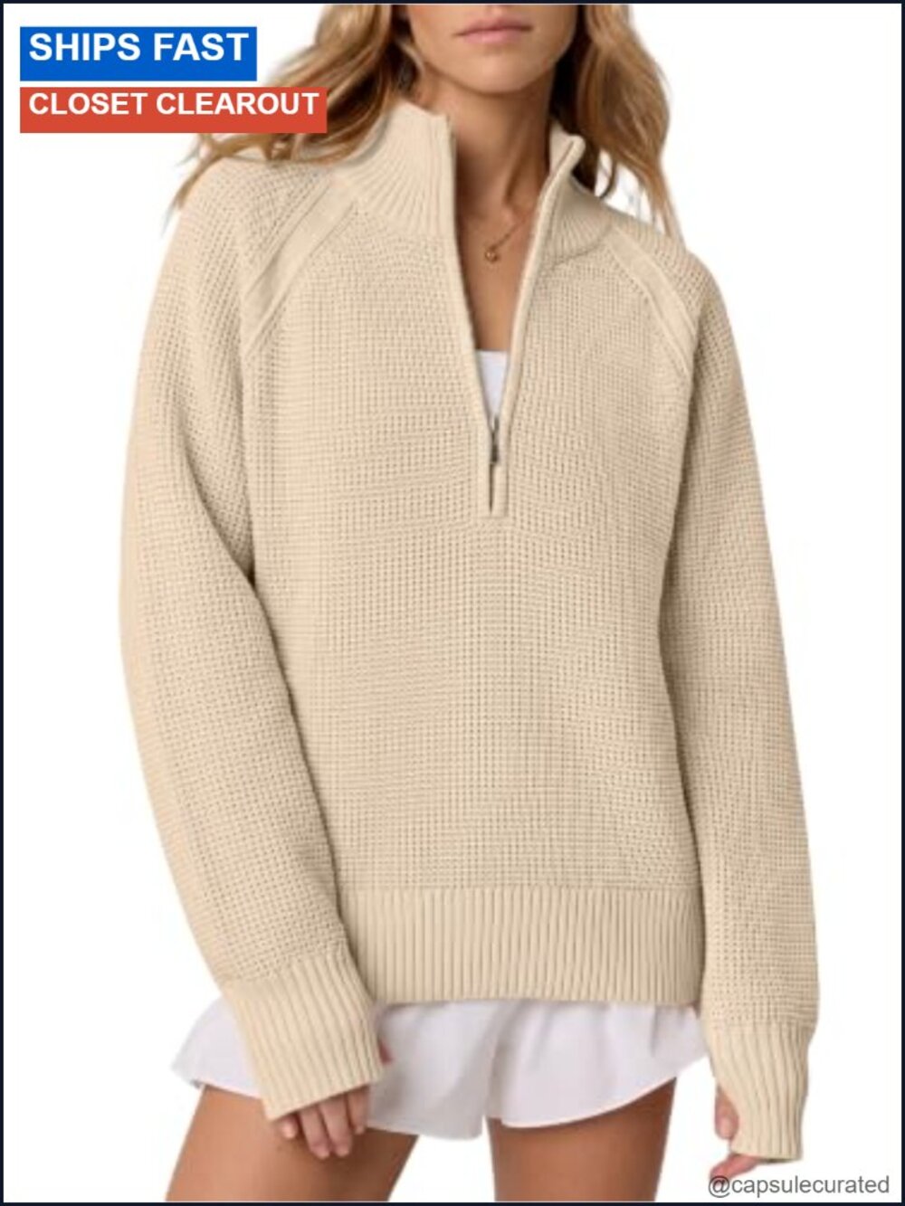 Waffle Knit Quarter Zip Pullover Sweater with Thumb Holes Relaxed Fit